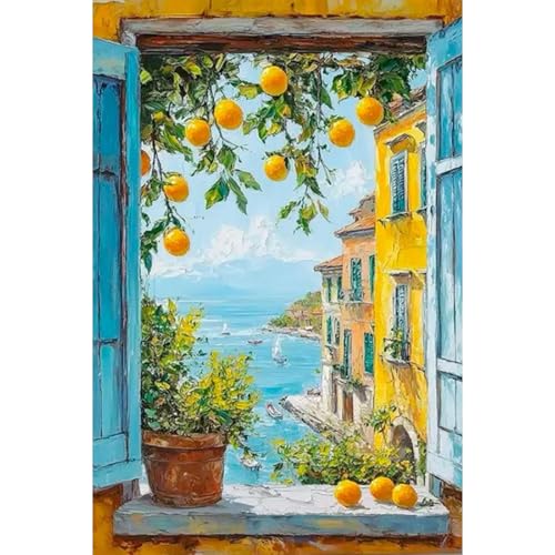 EOBROMD Pintar por Numeros Adultos, Limonero Pintura por Numeros con Marco, Vista de Ventana Kit de Pintura al óleo de Lienzo DIY para con Pinceles, Pigmento Acrílico, Decoración para el Hogar 20x30cm