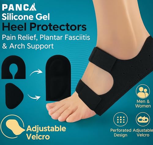 Image of PANCA Silicone Gel Heel Protectors with Adjustable Strap | Heel Pain Relief Support for Plantar Fasciitis, Heel Spurs & Cracked Heels | Soft Medical Grade Heel Cushion for Arch Support, Achilles Tendon & Foot Protection (2 Pack, Black)
