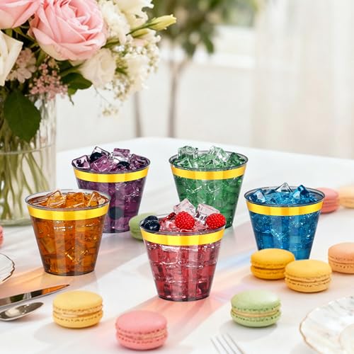 Image of 100 Pcs Gold Black Plastic Cups,9Oz Clear Disposable Cups with Gold Rim,Heavy Duty Clear Disposable Plasitc Cocktail Glasses Tumblers Wine Cup for Party,Wedding,Birthday,Christmas