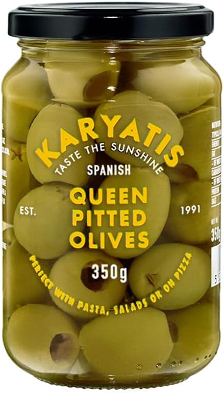 Karyatis Spanish Green Queen Olives in Brine, Glass Jar, 350 g