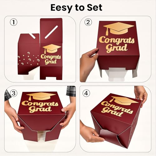 Image of OLANRUN 9 inch Graduation Card Box, Graduation Decorations 2026 - Congrats Grad Foldable Cardstock Money Box for Class of 2026 Grad Party Decor (Red Gold)