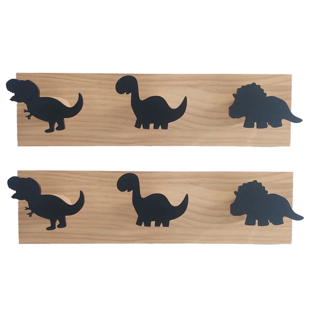 Hndhbfgrt 2X Kids Dinosaur Wall Mounted Coat Hooks Wooden Door Hanger for Boys Bedroom Nursery Playroom Decorations -Black