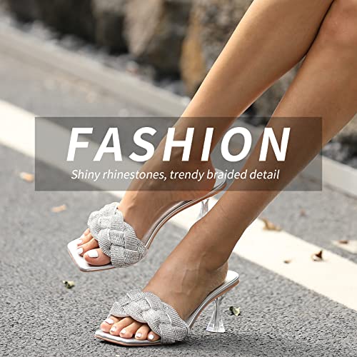 Women's Rhinestone Braided Heels Sandals Open Square Toe Stilettos Heels Clear Lucite Heeled Mules Slip On Sexy Dress Wedding High Heel Slippers3