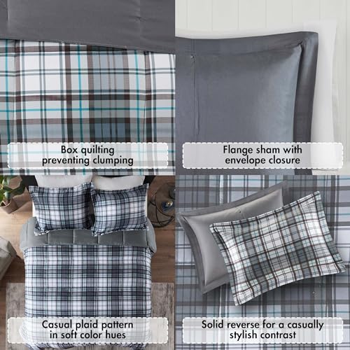 Image of Madison Park Essentials Parkston Plaid Comforter Set Soft Brushed Microfiber College Bedding, 3M Scotchguard Stain Release Cover, Modern All Season Cabin Bedding, Twin /TwinXL, Grey, 2 Piece