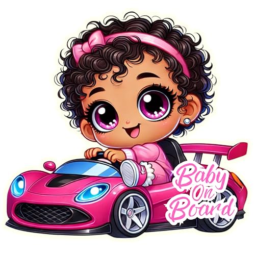 Image of Premium Baby On Board Signs, Car Essentials - Baby On Board Sticker - 1 Pack, 7 inch by 7 inch - Cute - Cartoon Safety Signs - Non Magnet - Durable Strong Adhesive (Pink Sports Car)