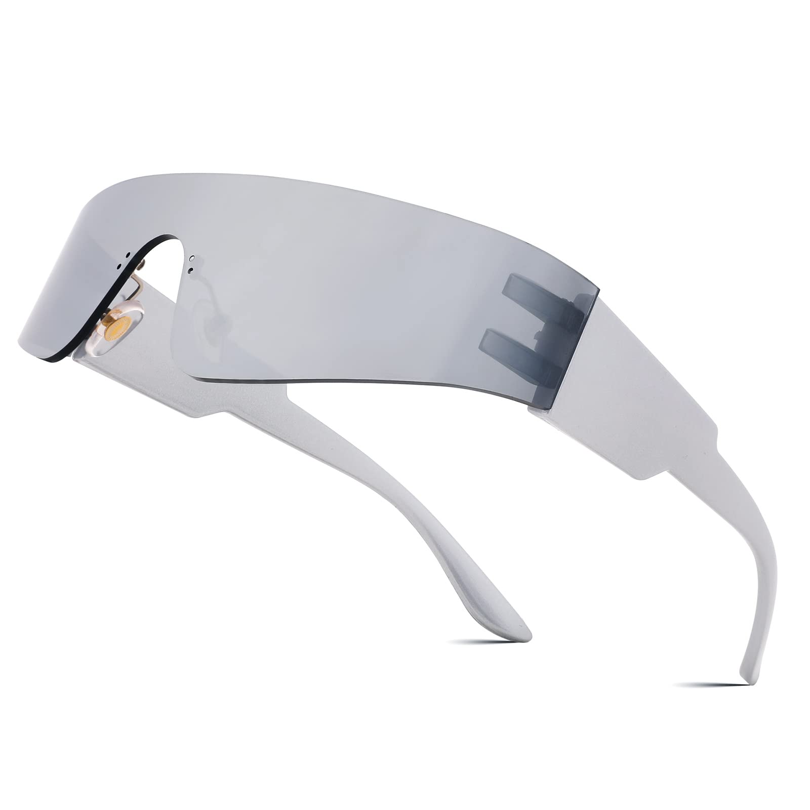 FEISEDYFuturistic Visor Punk Sunglasses Rimless One Piece Goggles Miorred Shades Women Men B2927, White Mirrored, 72mm
