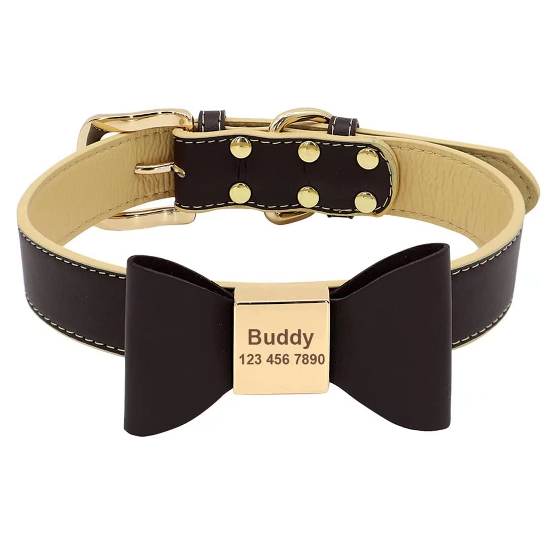 Beirui Bonito Collar Personalizado para Perros pequeños y medianos, Collar de Piel sintética Suave con Nombre de identificación, Adorable Collar de Lazo para Cachorro, Gato, Marron foncé, M