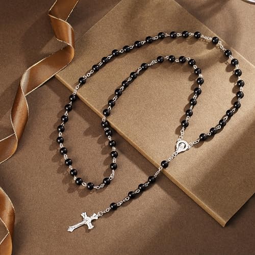 Rosary Black Beads Necklace Catholic Rosary Beads With Metal Crucifix3