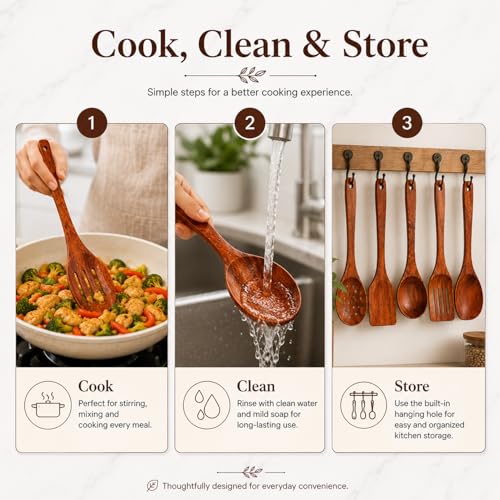 Image of SIGNAMIO 7-Piece Wooden Spatula Set for Cooking, Natural Sheesham Wood Kitchen Utensils Set, Non-Stick Safe Cooking Tools, Turner, Ladle, Slotted Spatula & Serving Spoon Set for Kitchen