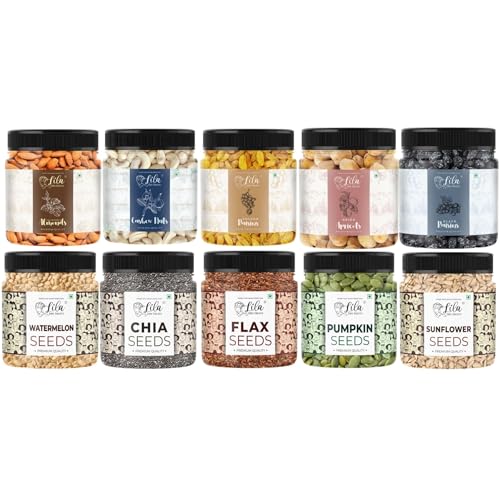 Image of LILA DRY FRUITS Kids & Family Health Combo 10 in 1 (100g x 10) Dry Fruits & Seeds Mix, Cashews Almonds Raisins Apricots with Sunflower Pumpkin Watermelon Flax Chia Seeds Combo Pack for Daily Nutrition