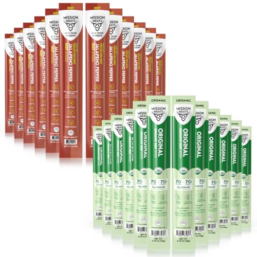Mission Meats Grass Fed Beef Sticks, Jalapeno (12 Count) and Certified Organic Beef Sticks, Original (12 Count) Bundle