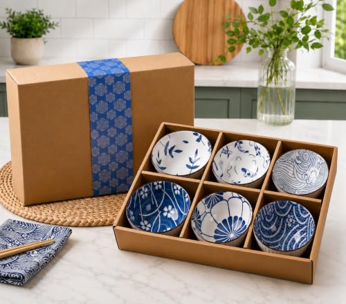 Image of Premium Ceramic Bowl Japanese Style Porcelain Rice, Soup & Dessert Bowls - Assorted Floral & Wave Patterns - Microwave & Dishwasher Safe - Gift Box Packaging (Blue & White Printed, PACK OF 6)