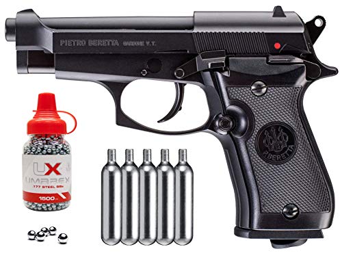 Umarex Beretta MOD. 84FS Compact .177 Caliber BB Gun CO2 Semi Auto Blowback Air Pistol with 5X 12g CO2 Tanks and Wearable4U Pack of 1500 4.5mm (.177) Steel BBS Bundle