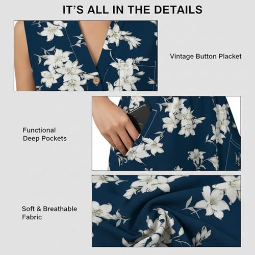 Image of Women Casual Dress Summer Stripe Button V Neck Sleeveless with Pocket Long Dresses Holiday Beach Party Midi Dress
