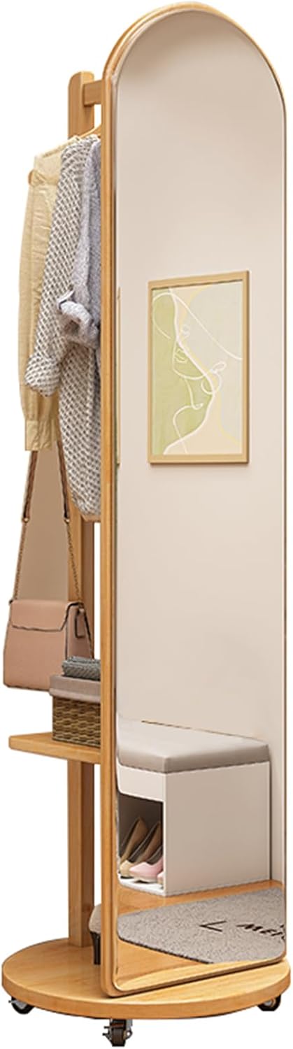Floor-Standing Solid Wood Rotating Coat Rack，Full Length Mirror with Clothes Rack, Solid Wood Frame, Floor Standing, Tall Mirror with Wheels for Living Room, Bedroom, Hallway