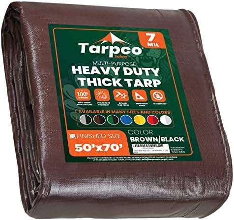 Tarpco Safety Heavy Duty 7 Mil Tarp Cover, Waterproof, UV Resistant, Rip and Tear Proof, Poly Tarpaulin with Reinforced Edges for Roof, Camping, Patio, Pool Cover, Boat (Brown/Black 50′ X 70′)