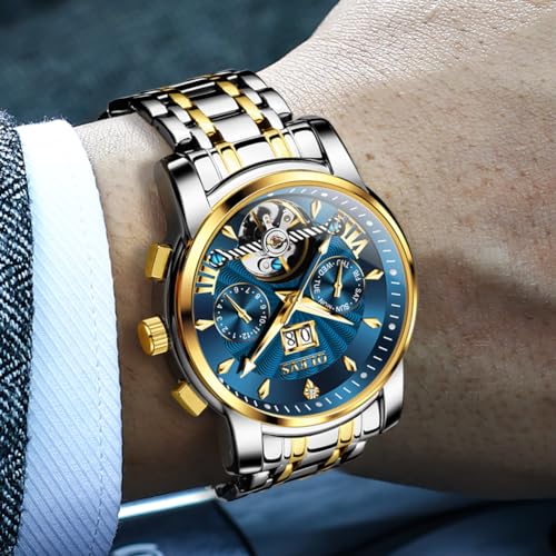 Image of OLEVS Watches for Men Automatic Skeleton 5 Hands Mechanical Luxury Watch Classic Calendar Stainless Steel Waterproof Mens Wrist Watch