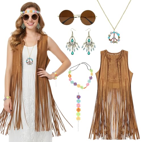 Hippie Kostüm Damen Set, 70 Jahre Outfit Damen mit Fransenweste, Hippie Accessoires Flower Power Zubehör Peace Kette, Brille, Disco Outfit Cowgirl Kostüm für Faschingskostüme,Karnevalskostüme(S)