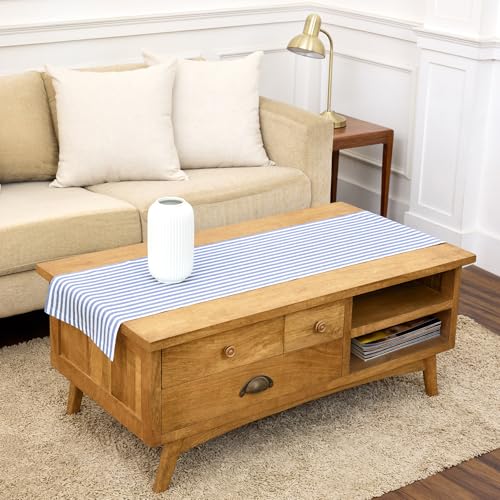 Solino Home Linen Table Runner 60 Inches - Amalfi Stripe 100% Pure Linen Navy and White Table Runner 14 x 60 Inch Ideal for Dresser and Coffee Tables - Spring, Summer, 4th of July