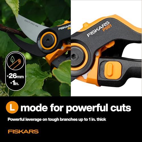 Image of Fiskars DualAction 2-in-1 Bypass Pruners, 1 inch Cut Capacity Garden Clippers | Two Cutting Modes, Small Mode for Fast Snips on Small Stems, Large Mode for Tough Branches, Low-Friction Coated Steel Blade