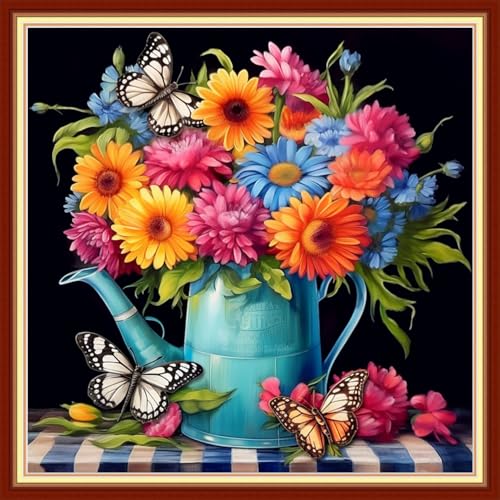Image of Joyhoor Stamped Cross Stitch Kits for Beginners Needlepoint Kits for Adults Embroidery Kits 11CT Counted Cross Stitch Kits Printed Embroidery Pattern- Flower Water Kettle 18x18 inchs