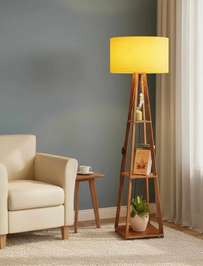 R K Antique Hub Modern Floor Lamp with Storage Shelves, Wooden Tripod Stand, Yellow Drum Shade, Living Room Corner Light-image-14