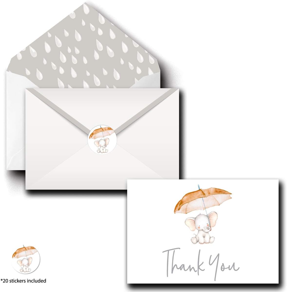 Blank Elephant Baby Shower Thank You Cards with Envelopes and Stickers, Boxed Set of 40 4x6 Silver Foil Postcard Assortment Pack, Unique Gift Idea