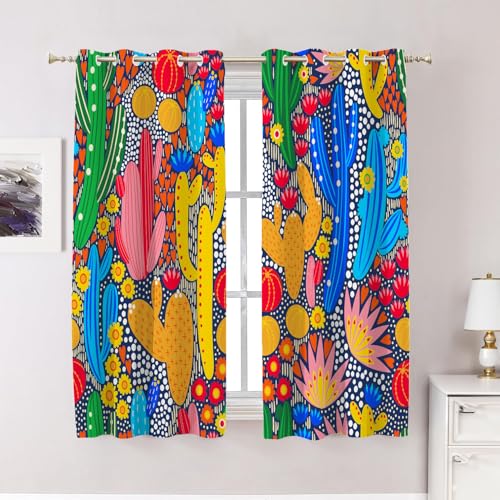 BaoNews Orange Cartoon Cactus Bedroom Curtains,Blue Cartoon Blackout Polyester Grommet Window Treatment Drapes for Living Room, 2 Panels 52X63 Inches