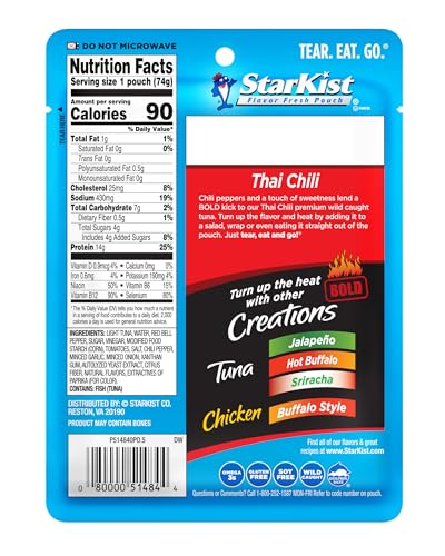 Image of StarKist Tuna Creations BOLD Thai Chili Style Pouch (2.6 oz - 1 Pack) Wild Caught, High Protein Shelf Stable Seafood, Gluten Free, Soy Free, No Draining, Ready to Eat for Salads and Sandwiches