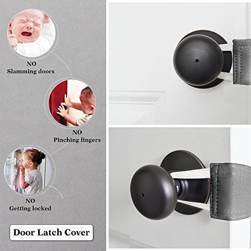 Image of PONY DANCE Baby Door Latch Cover Closer - Nursery Door Silencer with Strong Elastic Straps, Thick Solid Cushion for Noise Reduction, Prevents Slamming, 3 Pieces, 4W x 2L Inches, Grey