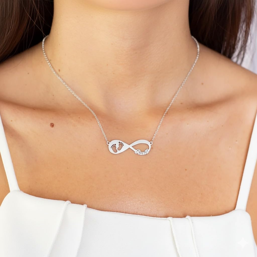 Collar Huella de Bebé Infinito Plata Personalizado con Nombre de Hijo - Colgante para Mamá Día de la Madre Regalo Original con Niño Recien Nacido