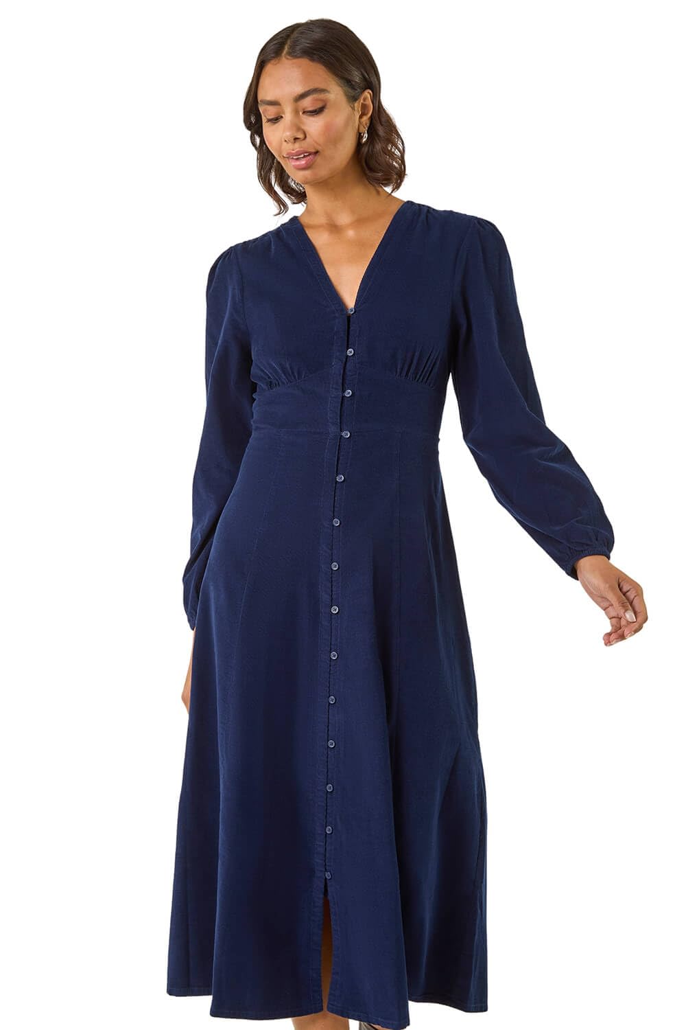 Roman Women's Corduroy Button Through Midi Dress in Navy | Size: 18