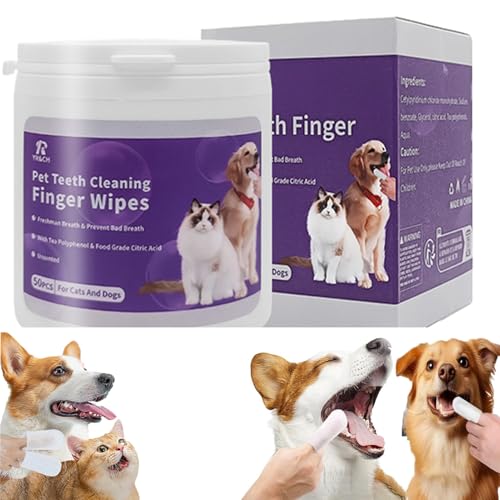 KuraMart Dog Dental Care Wipes Pet Dental Finger Cleaning Wipes for Dogs & Cats Tooth Brushing kit Dog Toothbrush Finger Dental Care Wipes for Remove Plaque & Tartar Freshens Breath 50 PCS