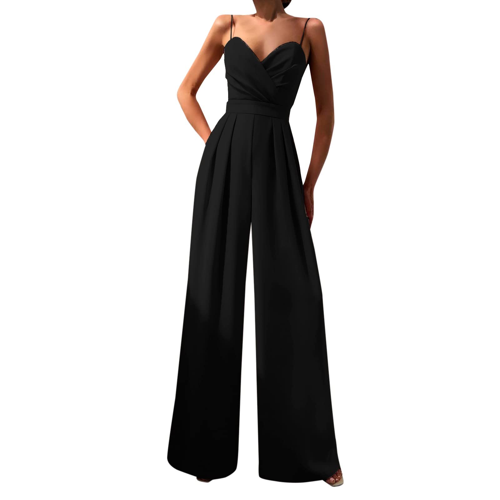 Generic AI - Mono de verano elegante con tirantes y cuello en V para mujer, a la moda, sin mangas, sin espalda, temperamento, pantalones sueltos, de pierna ancha, enterizo de manga larga para mujer