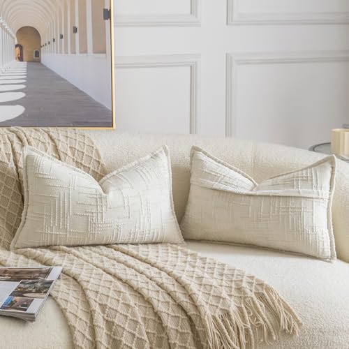 Image of MADIZZ Pack of 2 Chenille Throw Pillow Covers 12x20 Inch Cream White Soft Neutral Decorative Throw Pillows for Couch Sofa Boho Accent Cushion Covers Modern Farmhouse Home Decor for Bedroom Living Room