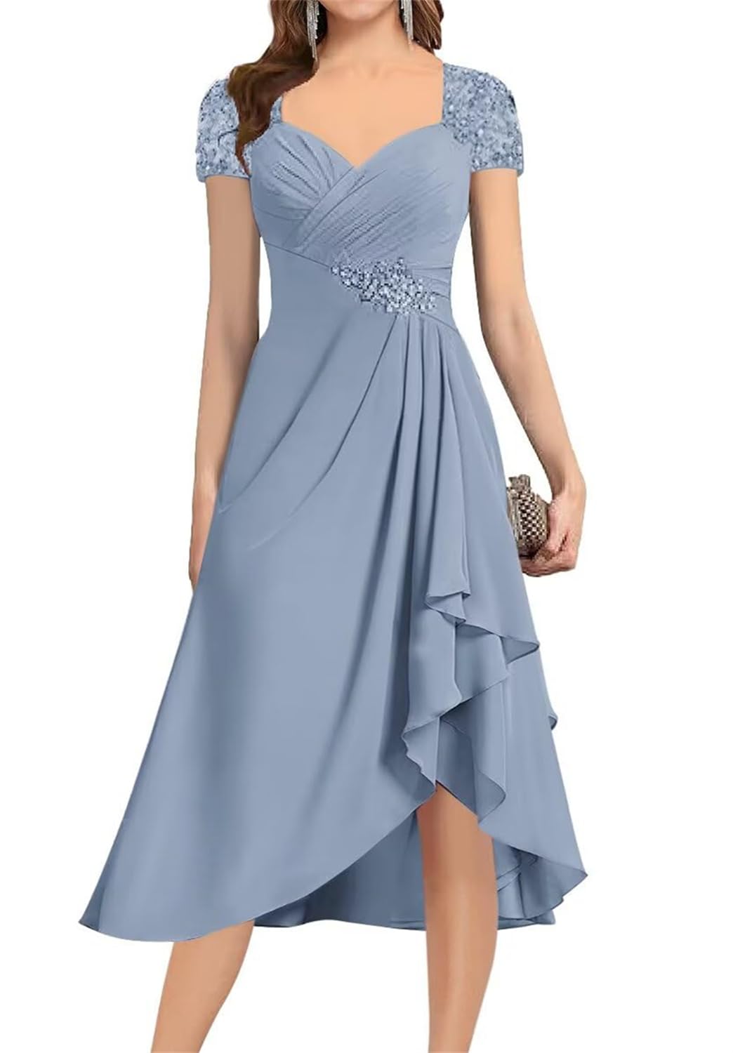 Yiann Women's Dusty Blue Mother Of The Bride Dresses For Wedding Party Plus Size Chiffon Tea Length Mother Of Groom Dress Uk20