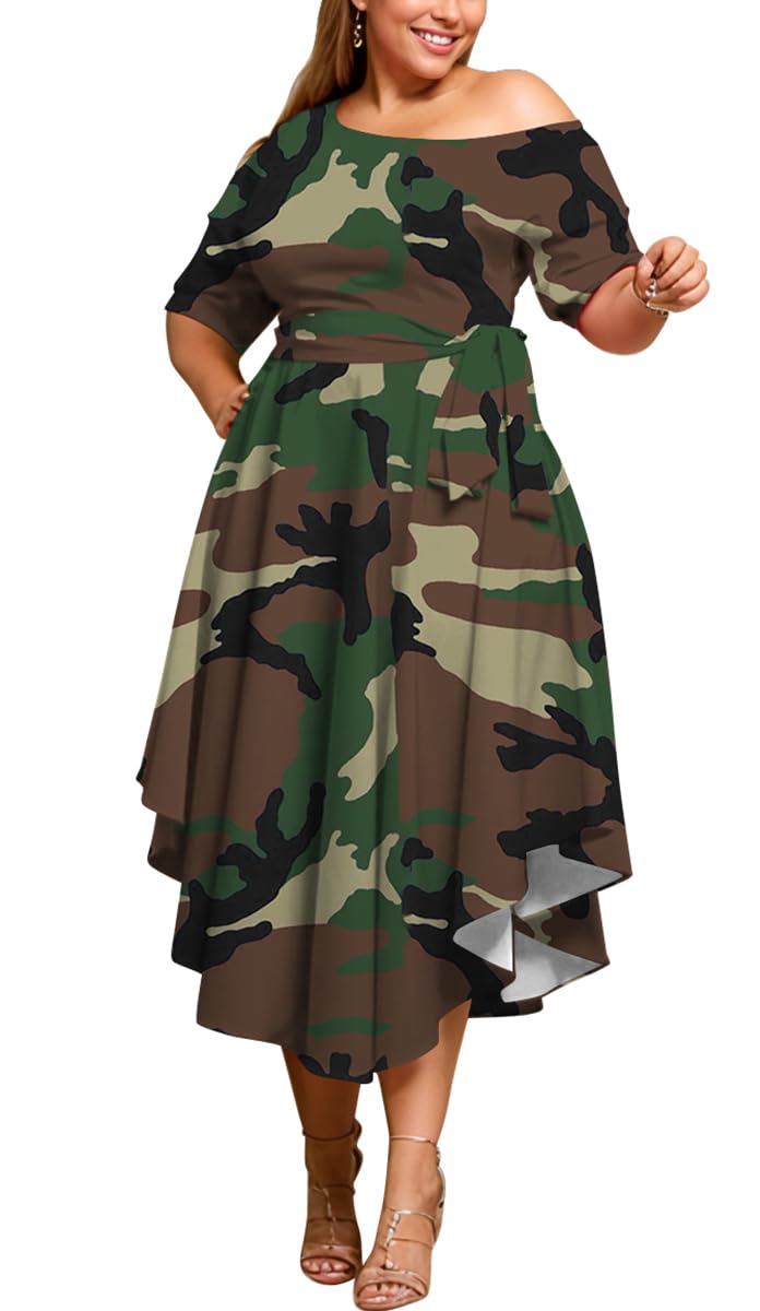 Plus Size Women Wedding Guest Dress Off Shoulder Boat Neck Irregularly Flowy Midi Church Dress