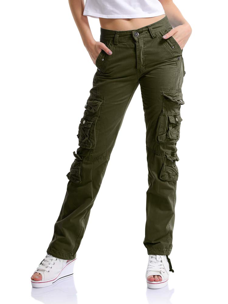 Women's Multi Pockets Cargo Pants, Casual Cotton Straight Leg Army Green 33-US 14-16