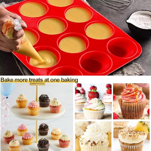 Large Muffin Tray 12 Cup, Silicone Muffin Pan, 2pcs Non-Stick Muffin Cupcake Tin, Baking Mould for Muffins or Cupcakes, Dishwasher Safe, Reusable Baking Moulds Tins-30 x 22 x 3cm (Red) - Image 6