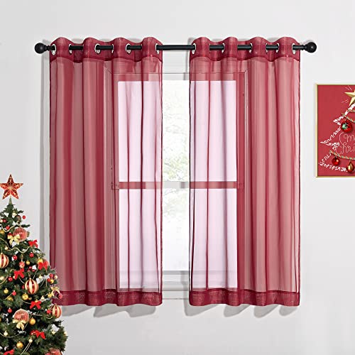 Nicetown Short Sheer Curtains Haute Red, Eyelet Top Voile Sheer Texture Window Treatment Solid Decorative Window Curtains For Christmas/Thanskgiving Day, 2 Panels, W54 X L54, 2 Panels #TOP12