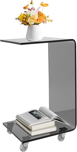 Acrylic Side Table with Wheels,Movable C Shaped Sofa Table Nightstand,Rolling Nightstand,Modern Acrylic Side Table Narrow for Living Room, Bedroom,