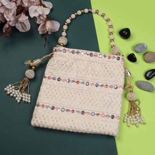 Image of LONGING TO BUY Indian Embroidered Pearl Potli Bag For Women, Sequence Design with Tassel, Wedding Potli Bags