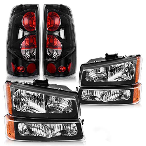 DWVO Headlights Tail Lights Assembly Compatible with 2003-2006 Chevy Silverado 1500/2500HD, 2003-2004 Silverado 2500, 2004-2006 Silverado 3500 Black Headlight Amber Reflector Clear Taillight