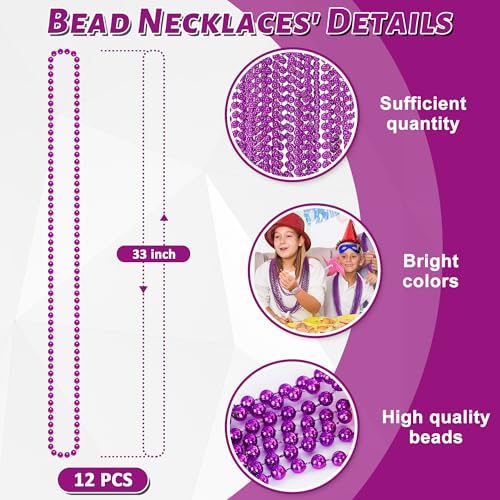 Image of EOBOH Mardi Gras Beads, 12PCS Purple Bead Necklace Party Favors, 33 inch Bead Necklaces Accessory Set, Festival Parade Throw Accessories for Halloween Mardi Gras Party Celebrations Decorations