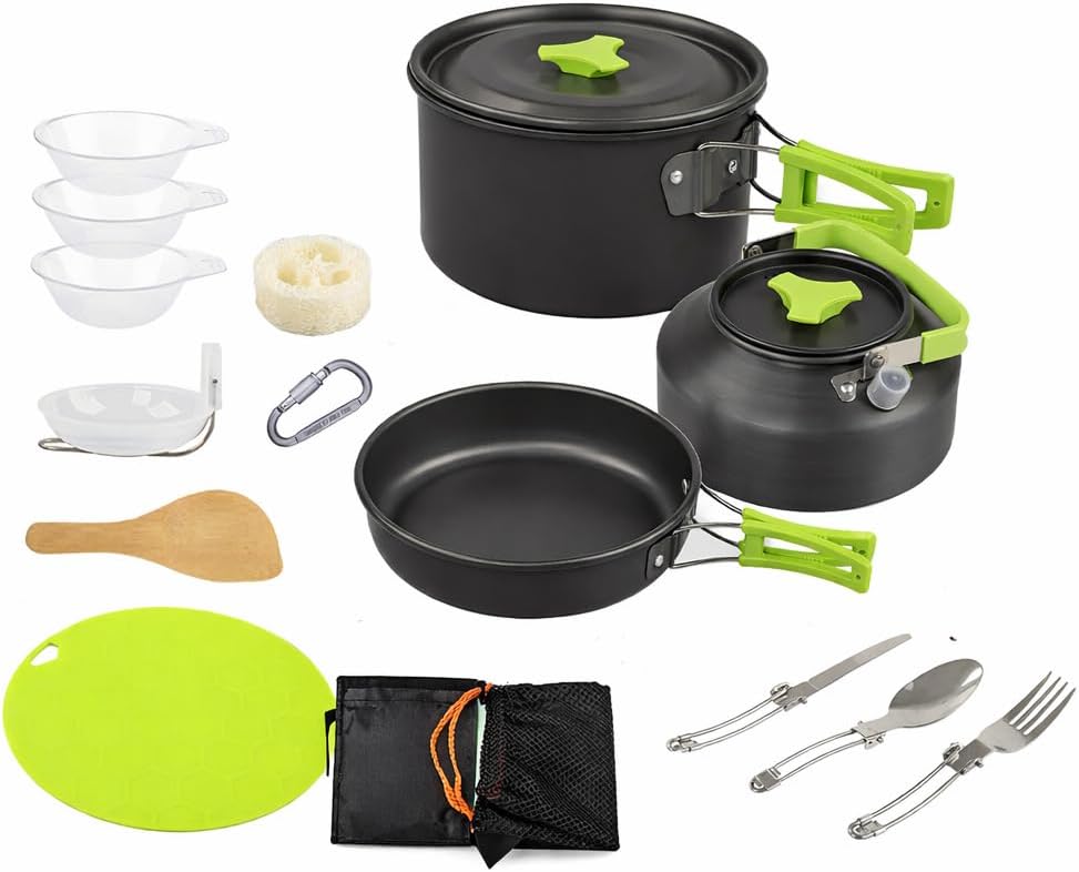 16-Piece Camping Cookware Set with Stove, Aluminum Pot, Pan and Kettle, Outdoor Cooking Kit with Bowls, Knife, Fork, Spoon, Carabiner, Spatula and Cutting Board