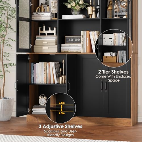 Image of FINETONES 71 inchH Black Bookcase with Doors, Double Wide Bookshelf and Bookcase with Doors, Large Bookshelves Storage Cabinet with 13 Compartments, Tall Storage Cabinet Display Organizer for Living Room