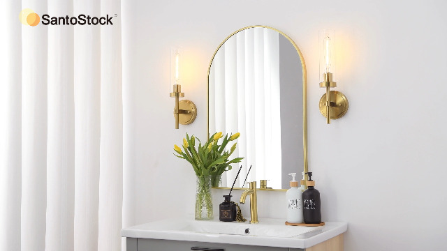 DSMJFU Wall Sconces Set Of 2 – Gold Brass Bathroom Vanity Lights, Clear Glass Shades, Up/Down Mount, E26 Base