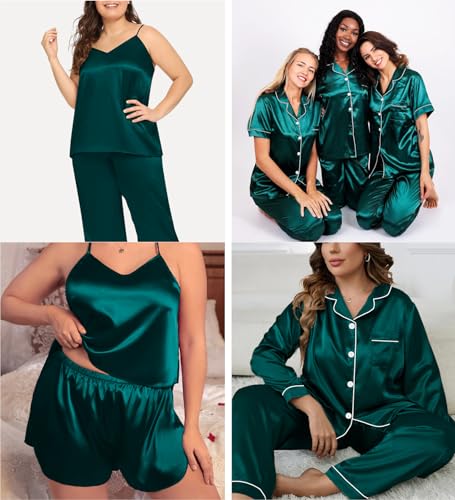 Image of SWOMOG Women Plus Size Pajama Set 4pcs Silk Satin Sleepwear Button Down Pjs Cami Shorts Set Loose Loungewear 16W-26W