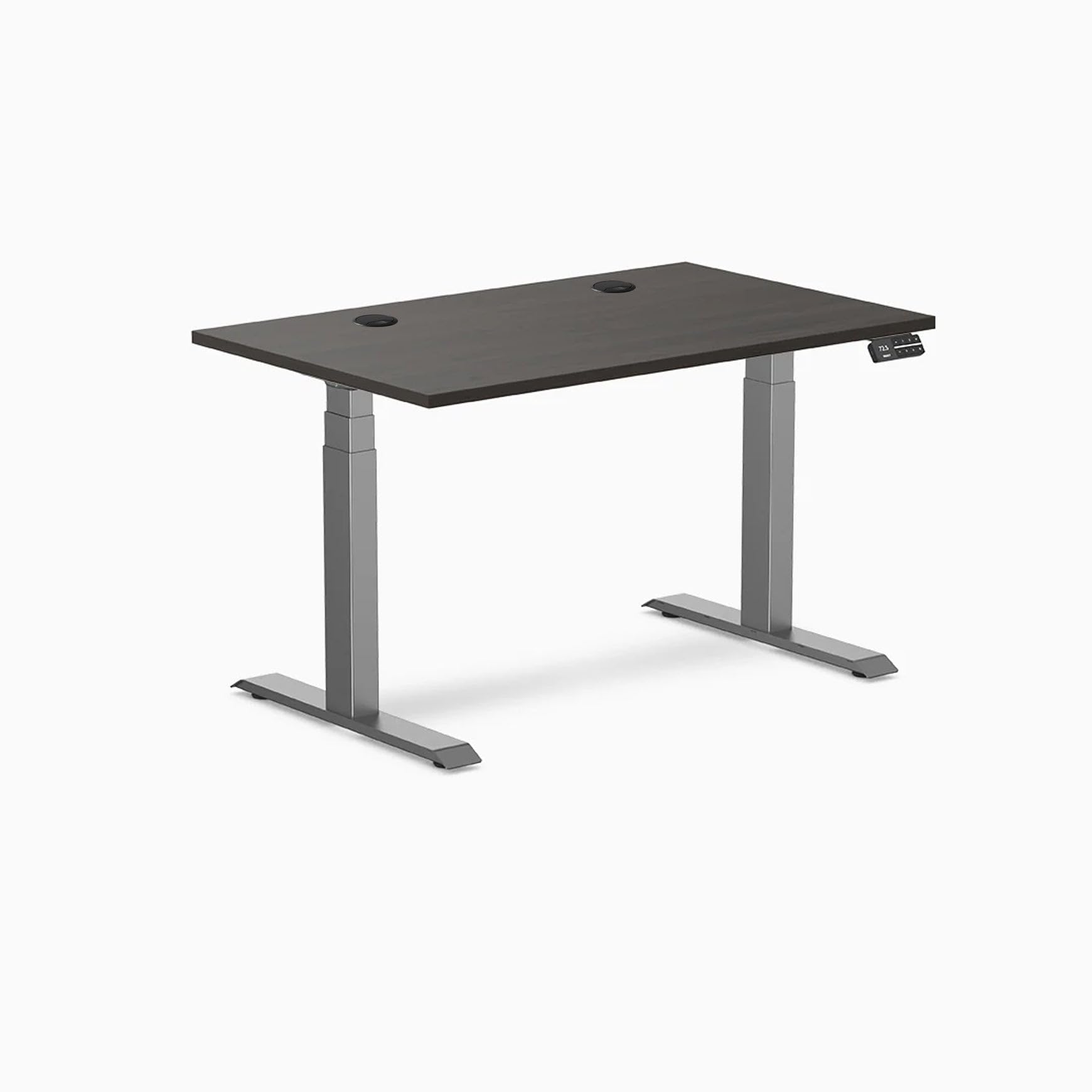 Desky Dual Laminate Sit Stand Desk Burnished Wood 47.2" Grommets Space Gray