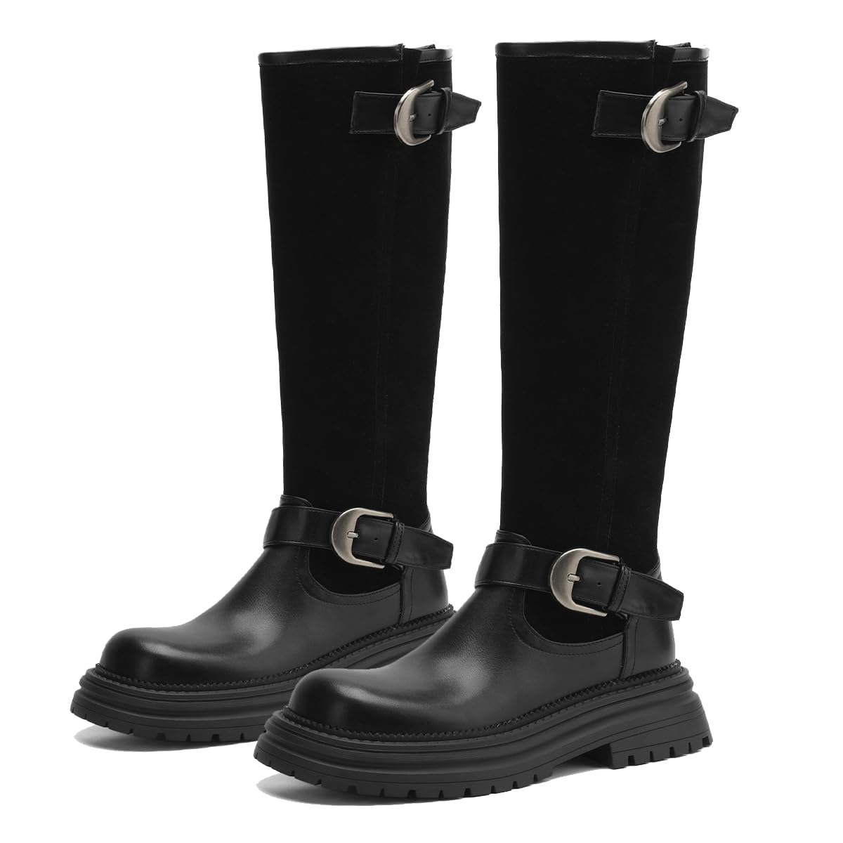Women Buckled Knee High Riding Boots Low Chunky Heel Round Toe Pull On Under The Knee Boots Riding